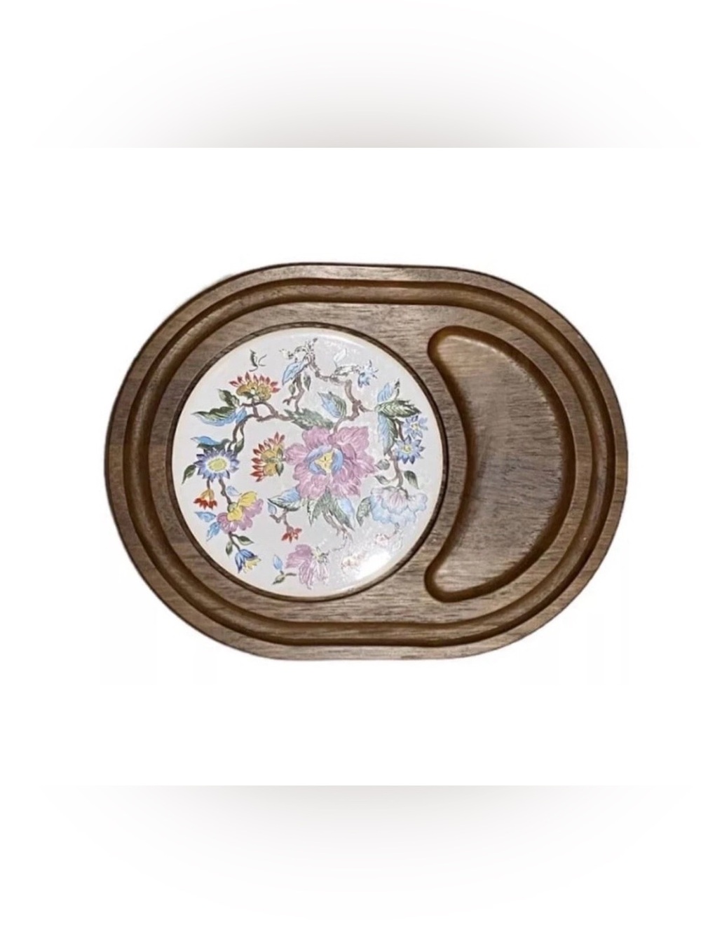 1970s Dolphin Handcrafted Teakwood 12" Oval Cheese Server Ceramic Floral Inlay